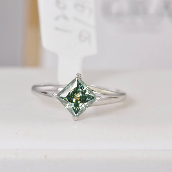 GRA Certified 1.2ct Princess Blue Green Engagement Moissanite Ring - Picture 1 of 7